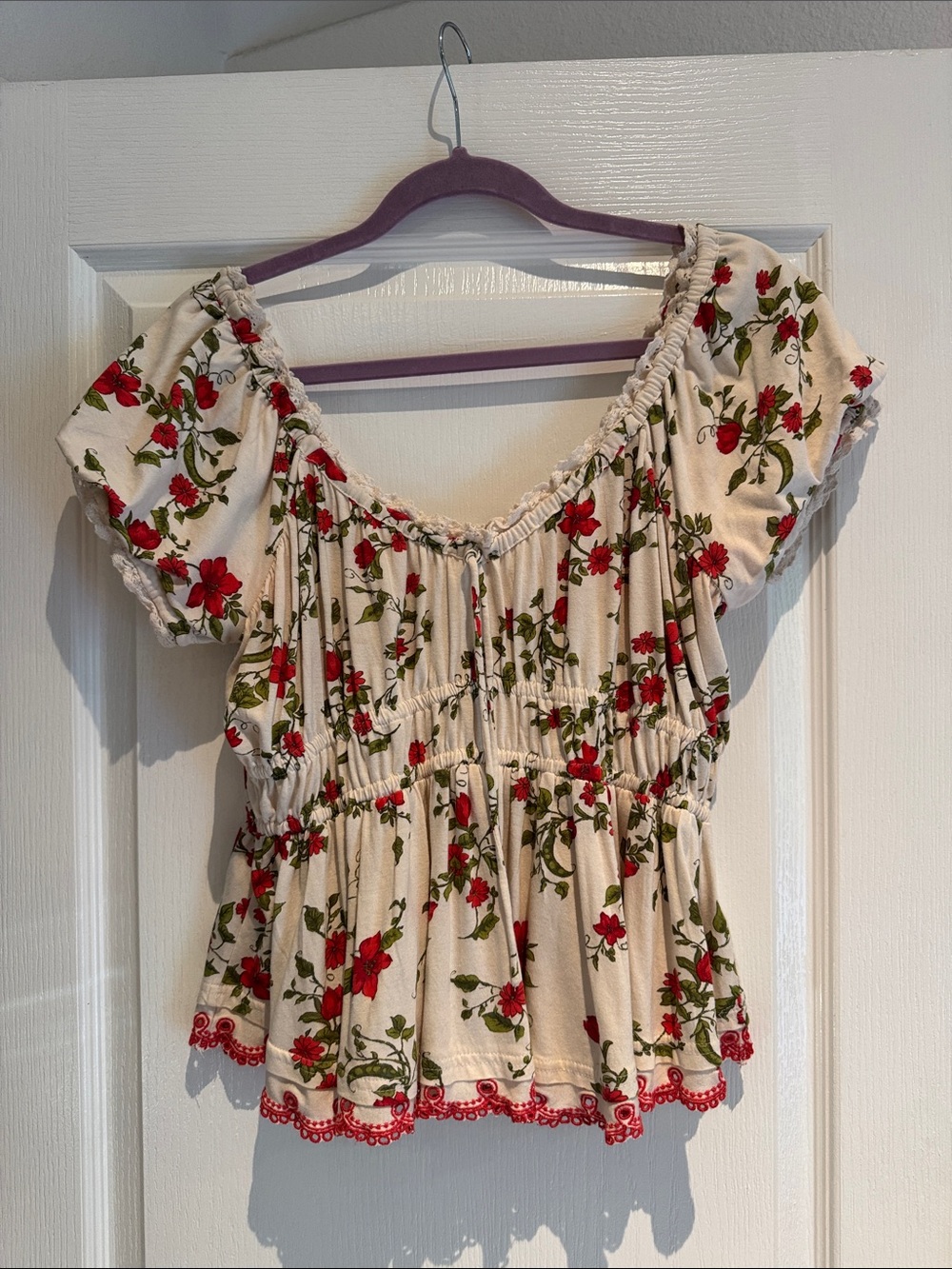 Maeve- Cream Floral Off-Shoulder Peplum Top with Red Trim